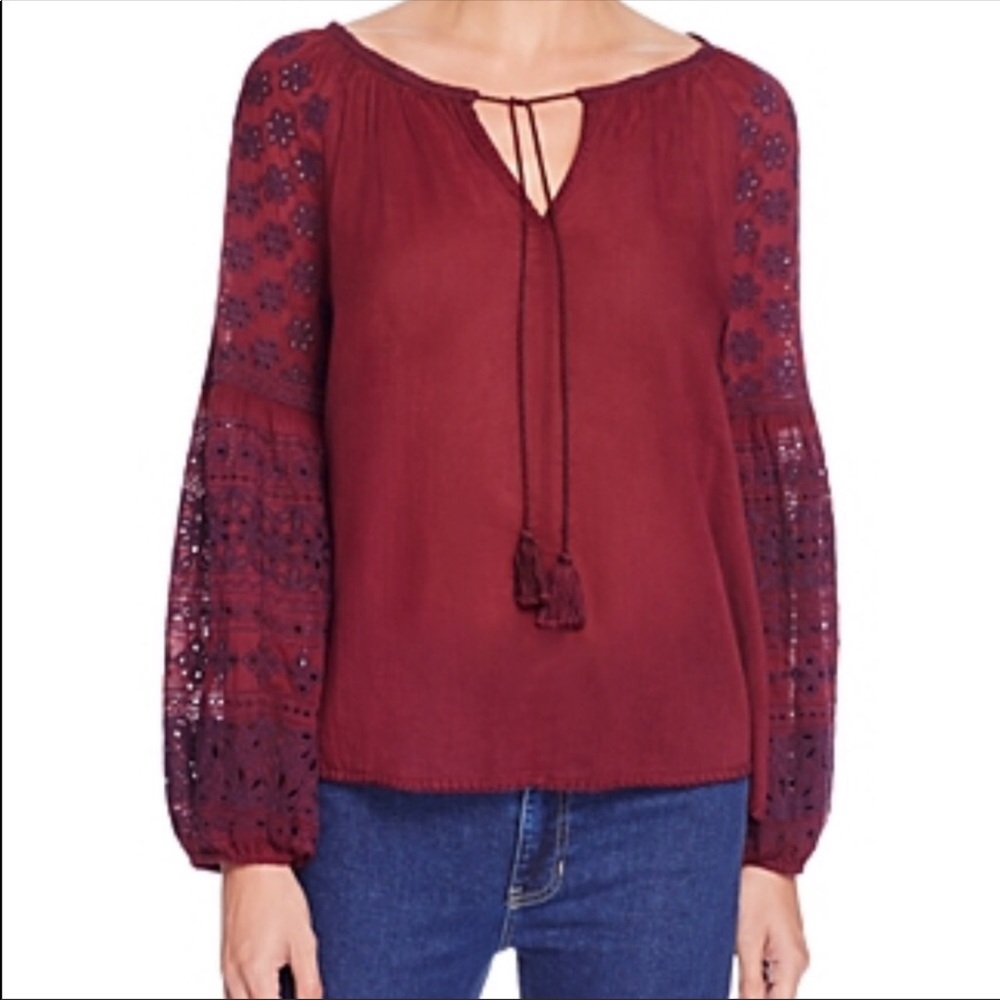 Anthropologie Love Sam Long Sleeve Eyelet Tassel Peasant Blouse Maroon Medium